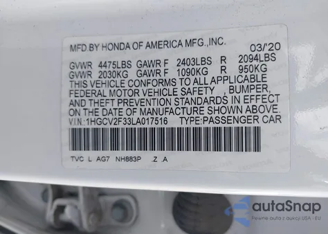 2020 Honda Accord Sport 2.0T из США, поврежденный, VIN 1HGCV2F33LA017516